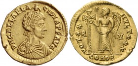 Galla Placidia, wife of Constantius III. Solidus, Ravenna 426-430, AV 4.28 g. D N GALLA PLA – CIDIA P F AVG Pearl-diademed and draped bust r., wearing...