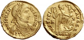 Johannes, 423 – 425. Solidus, Ravenna 423–425, AV 4.47 g. D N IOHAN – NES P F AVG Rosette-diademed, draped and cuirassed bust r. Rev. VICTORI – A AVGG...