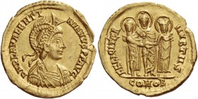 Valentinian III, 425 – 455. Solidus, Thessalonica 437-438, AV 4.42 g. D N PLA VALENTI – NIANVS P F AVG Pearl-diademed, helmeted, draped, and cuirassed...
