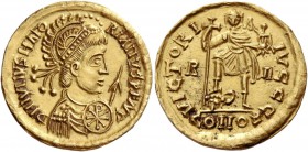Majorian, 457 – 461. Solidus, uncertain Gallic mint under Visigothic control circa 458-461, AV 4.37 g. D N IVLIVS HΛΙΟ - RIΛNVS P F Λ/ G Helmeted, pea...