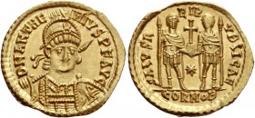 Anthemius, 467 – 472. Solidus circa 468, AV 4.47 g. D N ANTHE – MIVS P F AVG Helmeted, pearl-diademed and cuirassed bust three-quarters facing, holdin...