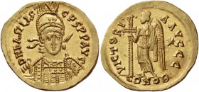 Basiliscus, 475 – 476. Solidus, Constantinopolis early-mid 475, AV 4.46 g. D N BASILIS – CYS P P AVG Helmeted, pearl-diademed and cuirassed bust facin...