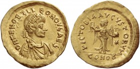 Zeno augutus with Leo caesar, 476 – 477. Tremissis, Constantinopolis 476-477, AV 1.46 g. D N ZENO ET LI – EO NOV CAES Pearl-diademed, draped and cuira...