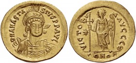 Anastasius, 491 – 518. Solidus 507-518, AV 4.46 g. D N ANASTA – SIVS P P AVG Helmeted, pearl-diademed and cuirassed bust three-quarters facing, cross ...