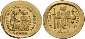 Justin I and Justinian I, 4 April – 1 August 527. Solidus 527, AV 4.46 g. D N IVSTINVS TIVS TIIIINANVS P P AVG Emperors, nimbate, seated facing on bac...