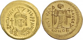 Maurice Tiberius, 582 – 602. Solidus 583-601, AV 4.29 g. O N mAVRC – TIb P P AVC Cuirassed and draped bust facing, wearing crowned and diademed plumed...