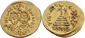 Revolt of the Heraclii, Summer 608 – 5 October 610. Solidus, Eastern military mint 608, AV 4.47 g. D N ЄRACLIO CONSVLI BA Facing and bearded busts of ...