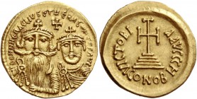 Heraclius, 610 – 641 and associate rulers from 613. Solidus, Ravenna 629-631, AV 4.38 g. D D N N HЄRACLIYS ЄT ЄRA CONS P P AVG Facing, cuirassed busts...