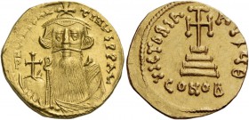 Constans II, 641 – 668 and associate rulers from 654. Solidus, 651-654, AV 4.40 g. d N CONSTAN – TINYS PP AV Facing bust with long beard, wearing crow...