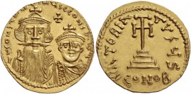 Constans II, 641 – 668 and associate rulers from 654. Solidus 654-659, AV 4.26 g. d N CONSTANTINЧS CCONSTANT Facing busts of Constans on l. and Consta...