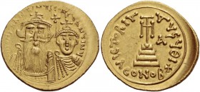 Constans II, 641 – 668 and associate rulers from 654. Solidus, Syracuse 654-659, AV 4.43 g. d N CONSTANTINЧS CCONSTANTINЧ Facing busts of Constans on ...