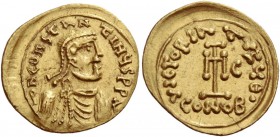 Constans II, 641 – 668 and associate rulers from 654. Tremissis, Syracuse circa 655, AV 1.47 g. d N CONTAN – TINЧS P P A/ Pearl-diademed, draped and c...