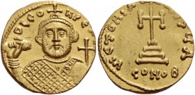 Leontius, 695 – 698. Solidus 695-698, AV 4.44 g. D LЄO – N PЄ AV Bearded bust facing, wearing loros and crown and holding anexikakia and globus crucig...