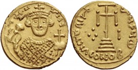 Leontius, 695 – 698. Solidus, Syracuse 695-698, AV 4.11 g. d LЄN – V I 99 Bearded bust facing, wearing crown and loros, and holding anexikakia and glo...