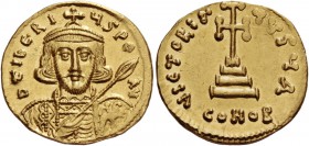 Tiberius III Apsimar, 698 – 705. Solidus 698-705, AV 4.39 g. D tIbЄRI – ЧS PЄ – AV Bearded and cuirassed bust facing, wearing crown with cross on circ...