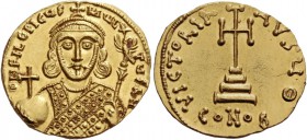Philippicus Bardanes, 711 – 713. Solidus 711-713, AV 4.44 g. D N PHILЄPICЧS – MЧL – TЧS AN Facing bust with short beard, wearing loros and crown with ...