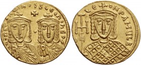 Constantine V Copronymus 741 – 775, with Leo IV from 751. Solidus circa 757-775, AV 4.45 g. COnSt – AntInOSS LЄOnO nЄOS Facing busts of bearded Consta...
