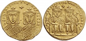 Leo IV Khazar, 775 – 780, with Constantine VI from 776. Solidus 778-780, AV 4.44 g. LЄOh PAP COhStAhtIhOS PATHR Facing busts of Leo IV, on l., and Con...