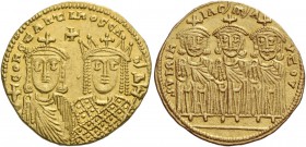 Constantine VI and Irene, 780 – 797. Solidus 790-792, AV 4.37 g. COhStAntInOS CA – b’Δ Facing busts of Constantine VI and Irene, both crowned and with...