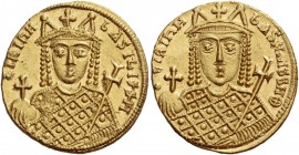 Irene, 797 – 802. Solidus 797-802, AV 4.41 g. ЄIRIhH – bASILISSH Facing bust of Irene, wearing loros and crown with cross, four pinnacles and pendilia...
