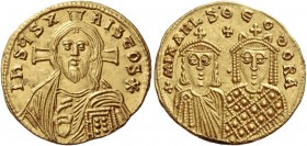Michael III ”the Drunkard”, 842 – 867 and associate rulers from 866. Solidus circa 843-856, 4.44 g. IhSЧSX - RIStOSS Facing bust of Christ bearded, wi...