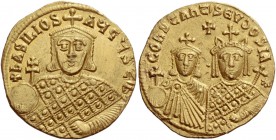 Basil I the Macedonian, 867 – 886 and associate ruler from 868. Solidus 882 (?), AV 4.46 g. + bASILIOS – AЧGЧSt’b’ Facing bust of Basil with short bea...