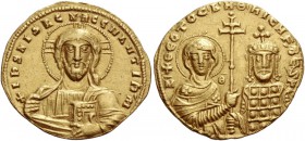 Nicephorus II Phocas, 963 – 969 and associate rulers throughout the reign. Tetarteron 963-969, AV 4.11 g. +IHS XPS RЄX REGNATIh’M Facing bust of Chris...