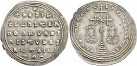 Basil II Bulgaroktonos 967 – 1025 with Constantine VIII throughout the reign. Miliaresion 977-989, AR 3.10 g. Єn TOVTω nICAT’ – bASILЄIC CωhSTI Facing...