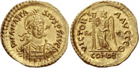 The Ostrogoths, Theoderic, 493 -526. Pseudo-Imperial Coinage. In the name of Anastasius, 491-518. Solidus, Roma 493-526, AV 4.42 g. DN ANASTA – SIVS P...