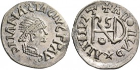 The Gepids. Pseudo-Imperial Coinage. In the name of Anastasius, 491-518. Quarter siliqua, Sirmium 493-526, AR 0.81 g. D I I ANASTASIVS P P AVG Pearl-d...
