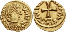 The Franks. Theodebert I, 534 – 548. Local coinage without royal names. Tremissis, Aosta 7th century, AV 1.28 g. BETTO M – VNITAR Pearl-diademed, drap...