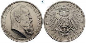 Germany. Bayern. Luitpold Karl Joseph Wilhelm Ludwig, Prince Regent of Bavaria AD 1886-1912. Struck 1911 in Munich(D). 3 Deutsche Mark