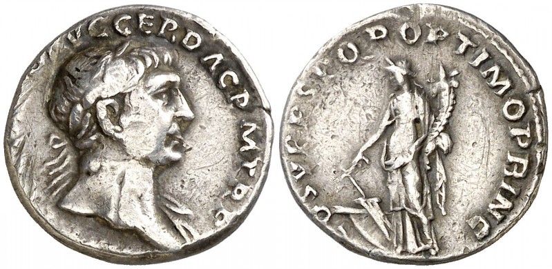 (107 d.C.). Trajano. Denario. (Spink 3125) (S. 87) (RIC. 122). 3,43 g. Raspadura...