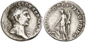 (107 d.C.). Trajano. Denario. (Spink 3125) (S. 87) (RIC. 122). 3,43 g. Raspaduras en anverso. MBC.