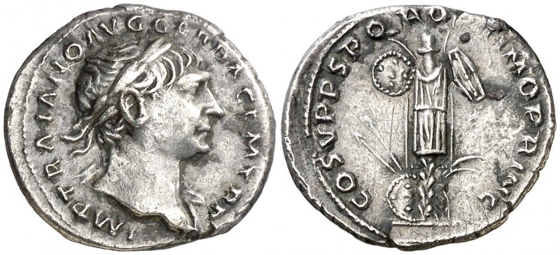 (107 d.C.). Trajano. Denario. (Spink 3132) (S. 98) (RIC. 147). 3,12 g. Rayitas. ...