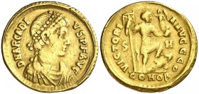 (393-395 d.C.). Arcadio. Constantinopla. Sólido. (Spink 20723) (Ratto 15) (RIC. 15b, de Sirmium). 4,39 g. Sirvió como joya. (MBC).