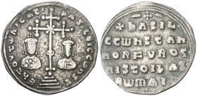 Basilio II y Constantino VIII (976-1025). Constantinopla. Miliaresion. (Ratto 1950) (S. 1810). 2,06 g. Escasa. MBC-.