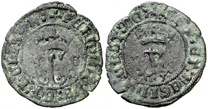 Reyes Católicos. Sevilla. 1 blanca. (AC. 46). 1 g. Puntos entre los adornos de l...