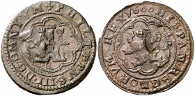 s/d (hacia 1603). Felipe III. (J.S. pág. 217). 4,40 g. Resello falso de época de valor VIII sobre 4 maravedís de Segovia de 1600 también falso, ambos ...