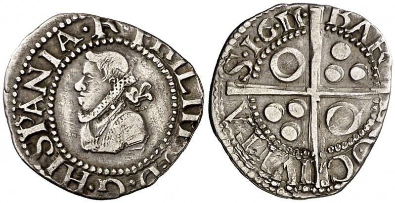 1611. Felipe III. Barcelona. 1/2 croat. (AC. 369) (Cru.C.G. 4341a). 1,42 g. Las ...