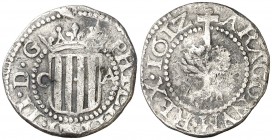 1612. Felipe III. Zaragoza. 1/2 real. (AC. 443) (Cru.C.G. 4406). 1,61 g. Escasa. MBC-.
