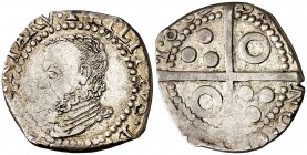 1609. Felipe III. Barcelona. 1 croat. (AC. 451) (Cru.C.G. falta). 3,43 g. Busto de Felipe II. Acuñación algo floja. Preciosa pátina. Rara. (MBC).