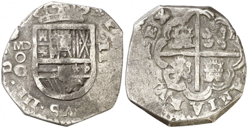 Felipe III. Madrid. G. 2 reales. (AC. tipo 120). 6,74 g. Fecha no visible. Rara....