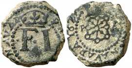1627. Felipe IV. Pamplona. 4 cornados. (AC. 81) (R.Ros 4.5.19, falta var). 4,20 g. FI acotada por puntos. El 2 de la fecha como Z. Rara. MBC.