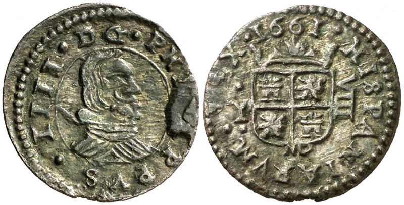1661. Felipe IV. MD (Madrid). Y. 8 maravedís. (AC. 358). 2,05 g. Conserva parte ...