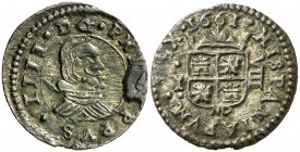 1661. Felipe IV. MD (Madrid). Y. 8 maravedís. (AC. 358). 2,05 g. Conserva parte del plateado original. Exceso de metal. MBC+/EBC-.