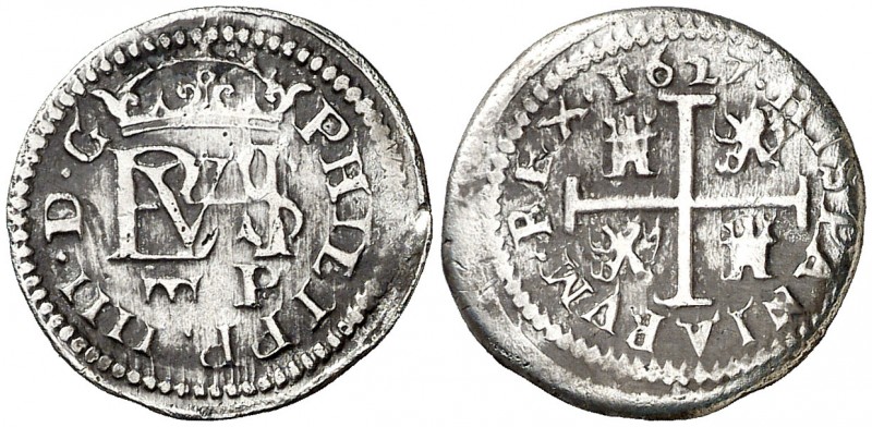 1627. Felipe IV. Segovia. P. 1/2 real. (AC. 620). 1,44 g. Acueducto de dos arcos...