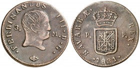 1831. Fernando VII. Pamplona. 3 maravedís. (AC. 52). 5,93 g. Escasa. MBC.