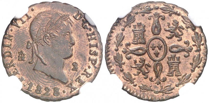 1828. Fernando VII. Segovia. 2 maravedís. (AC. 150). En cápsula de la NGC como M...
