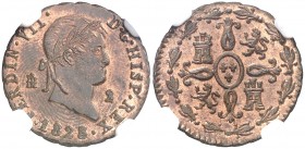 1828. Fernando VII. Segovia. 2 maravedís. (AC. 150). En cápsula de la NGC como MS64RB, nº 4222404-006. Bella. Brillo original. S/C.